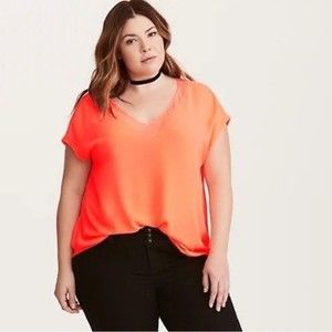 Torrid Georgette Chiffon Inset V-Neck Blouse Coral Neon Orange Size 2